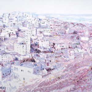 Ein Foto, in weißen und rosanen Farbtönen bemalt, man sieht eine Stadt aus der Voeglperspektive