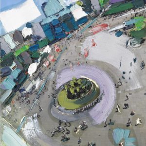 Ein Foto, bunt bemalt, man sieht einen großen Platz in Vogelperspektive, mittig drauf ein begründet Rondell, im Hintergrund die Stadt